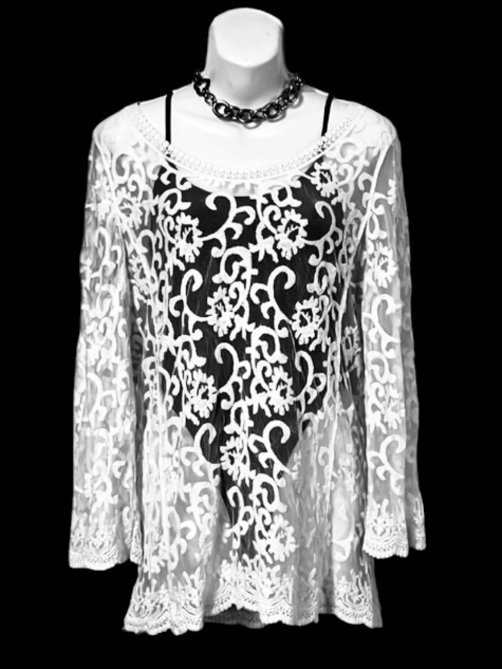 Capri Cream Lace Long Sleeve Beach Pool Boho Embroidered Coverup Top Sz L